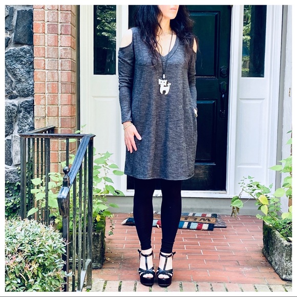 CHARCOAL TWEED V NECK COLD SHOULDER TUNIC DRESS - Picture 8 of 9